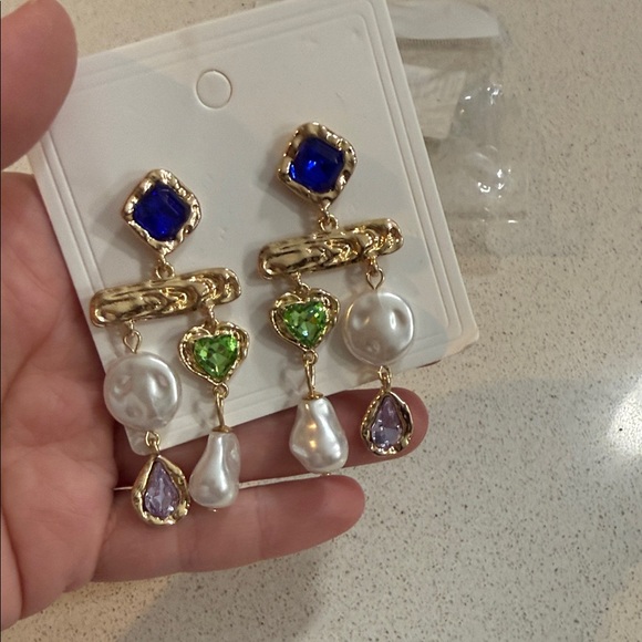 Gold-Plated Multi-Gem Drop Earrings with Blue, Green and Pearl Accents - Picture 2 of 2